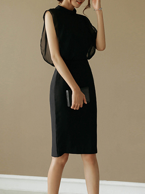 Gauze Hollow See-Through Split-Joint Zipper Loose Sleeveless Stand Collar Midi Dresses Evening Dresses