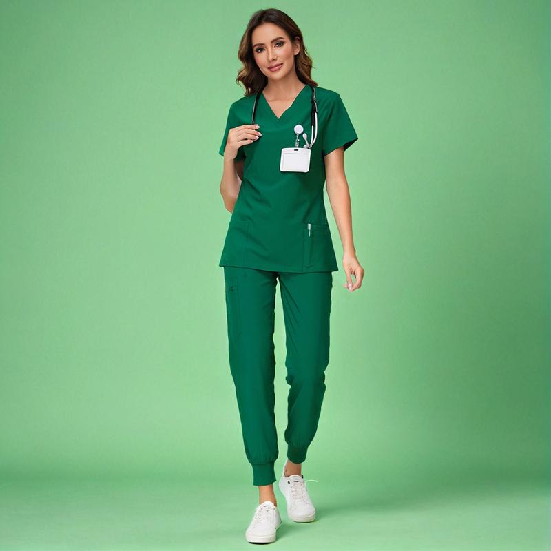 🔥Women’s Stretch V-Neck Scrub Set (Top + Jogger Pants) – 8 Pocket Utility Uniform