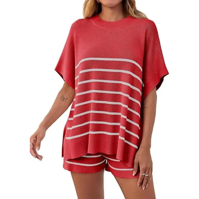 Women's Striped 2 Piece Outfits Oversized Batwing Short Sleeve Tops High Waisted Shorts Summer Knit Lounge Short Sets