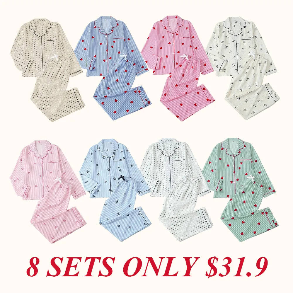 Women's Striped Bow Print Long Sleeve Pajama Set