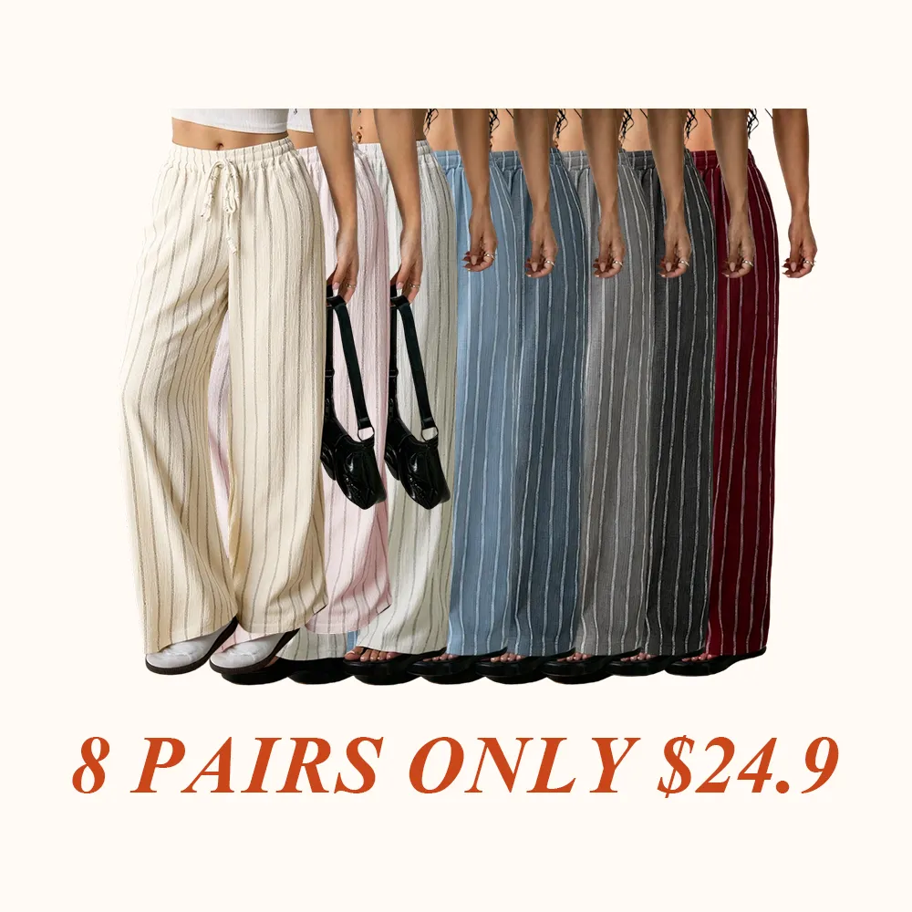 Women's Striped Waist Tie Straight Leg Loose Casual Belted Pants, Fitted Style