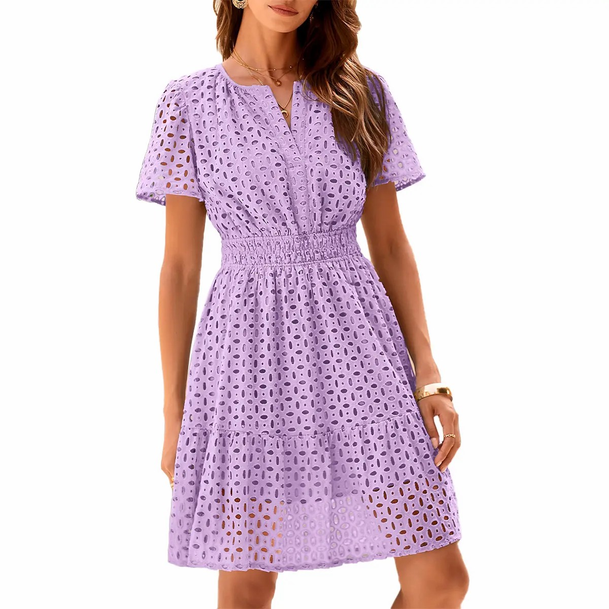 Women’s Eyelet Lace A-Line Summer Dress – V-Neck Ruffle Casual Mini Dress