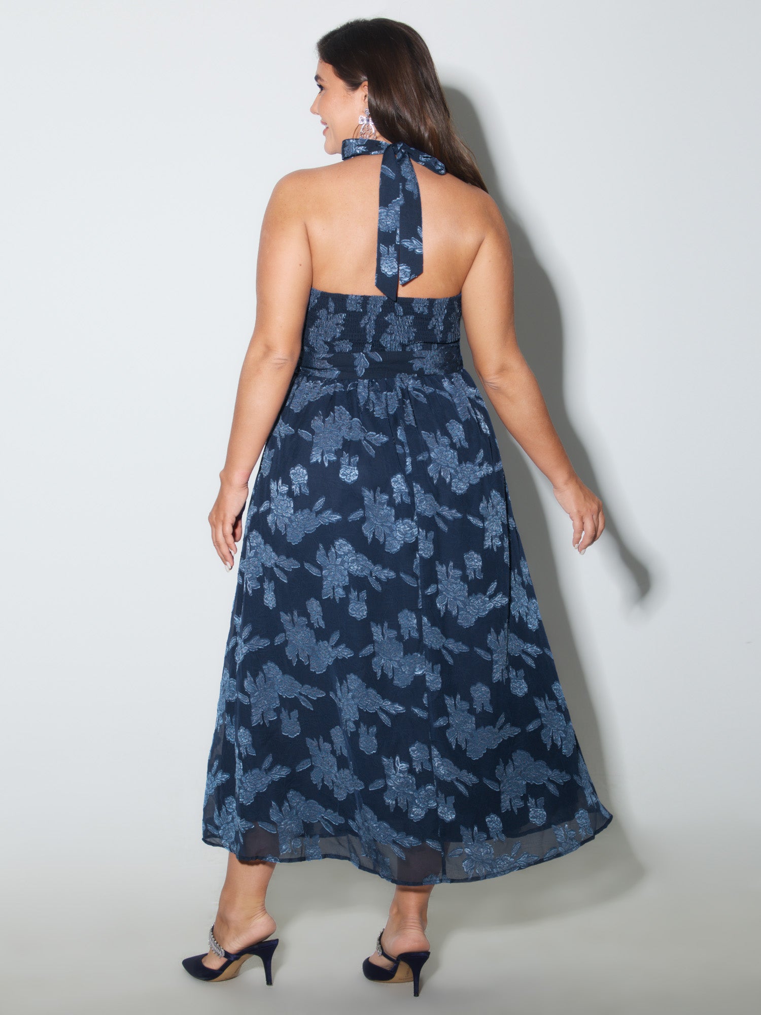 Chiffon Jacquard Halter Neck-Tie Maxi Dress