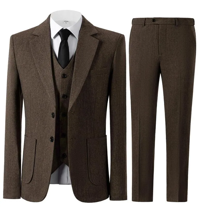 Men's Retro 3-Piece Tweed Herringbone Suit Set Two-Buttons Blazer Vest Pants Autumn New Arrival Formal Business Attire