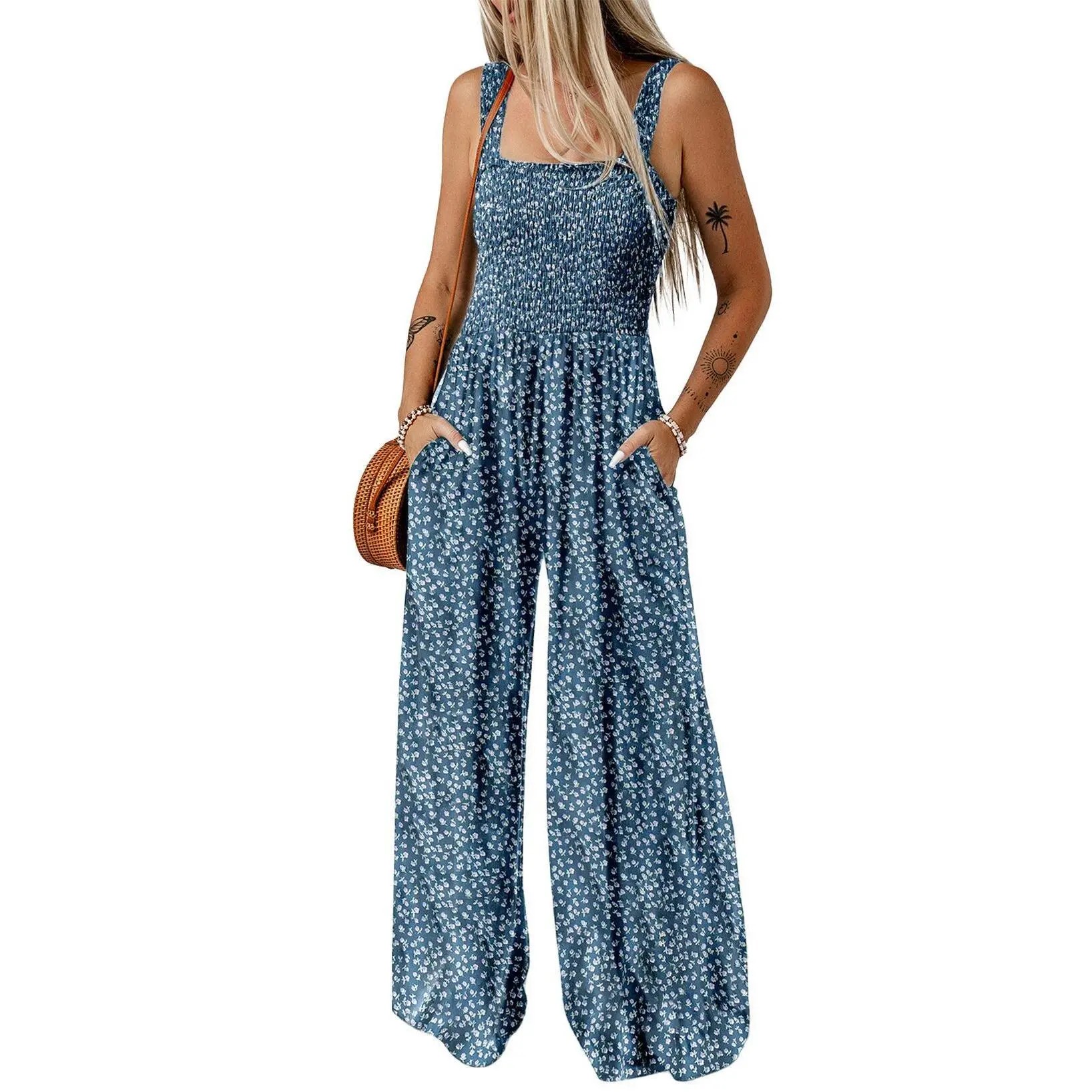 Women's Casual Loose Overalls Jumpsuits One Piece Sleeveless Printed Wide Leg Long Pant Rompers With Pockets