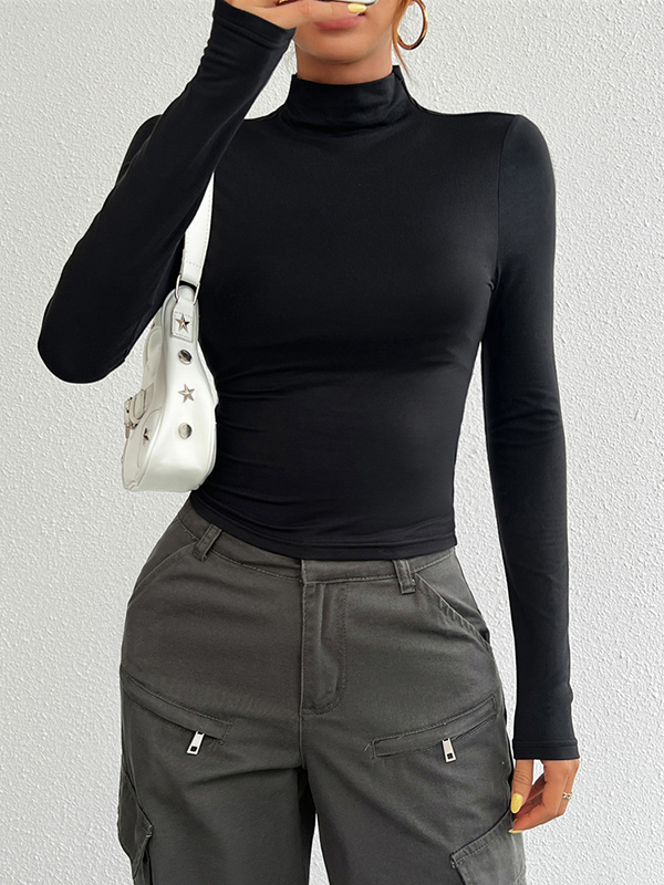 Solid Color Long Sleeves Skinny High Neck T-Shirts Tops