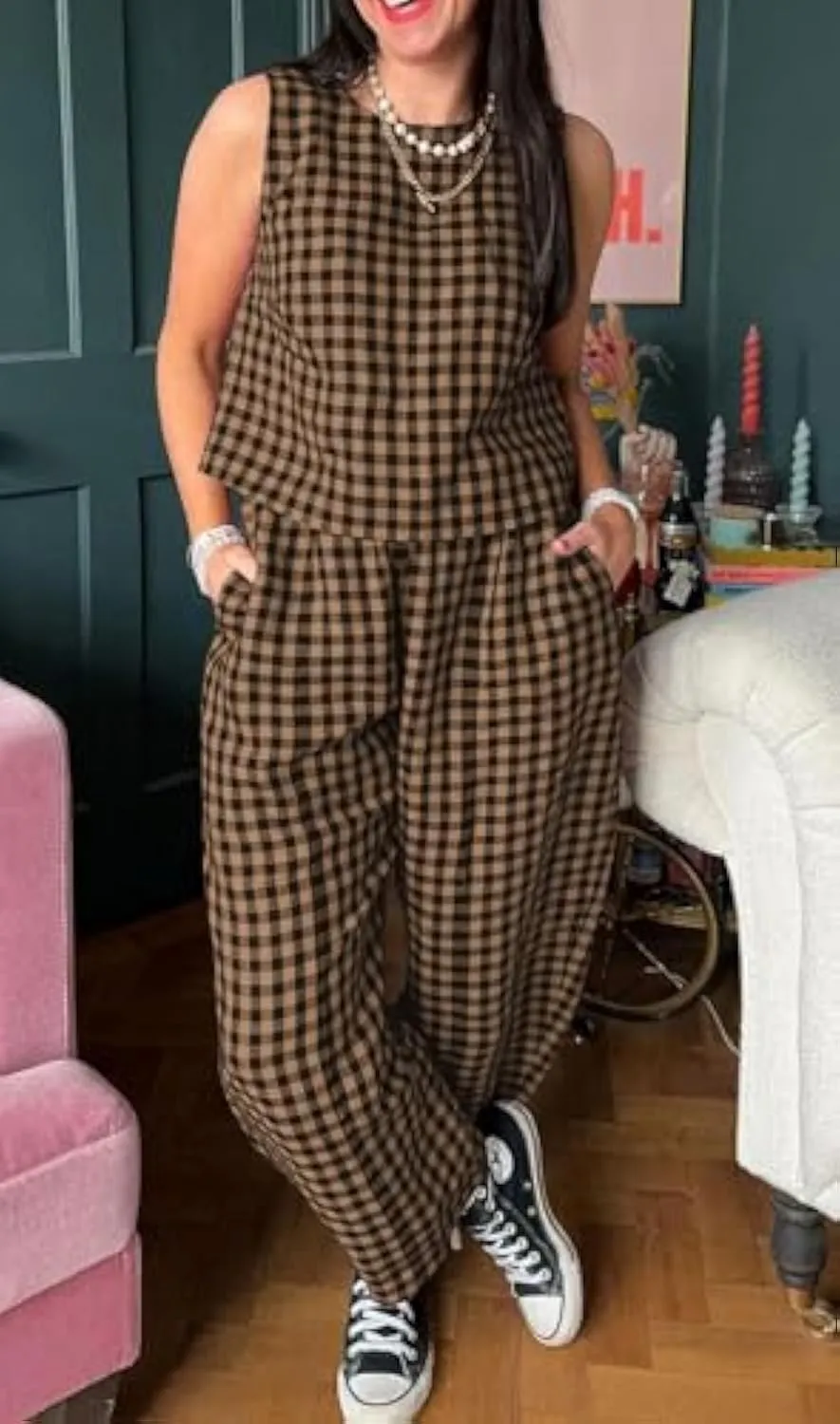 Women's Plaid Print Tank Top & Pants Two-piece Set