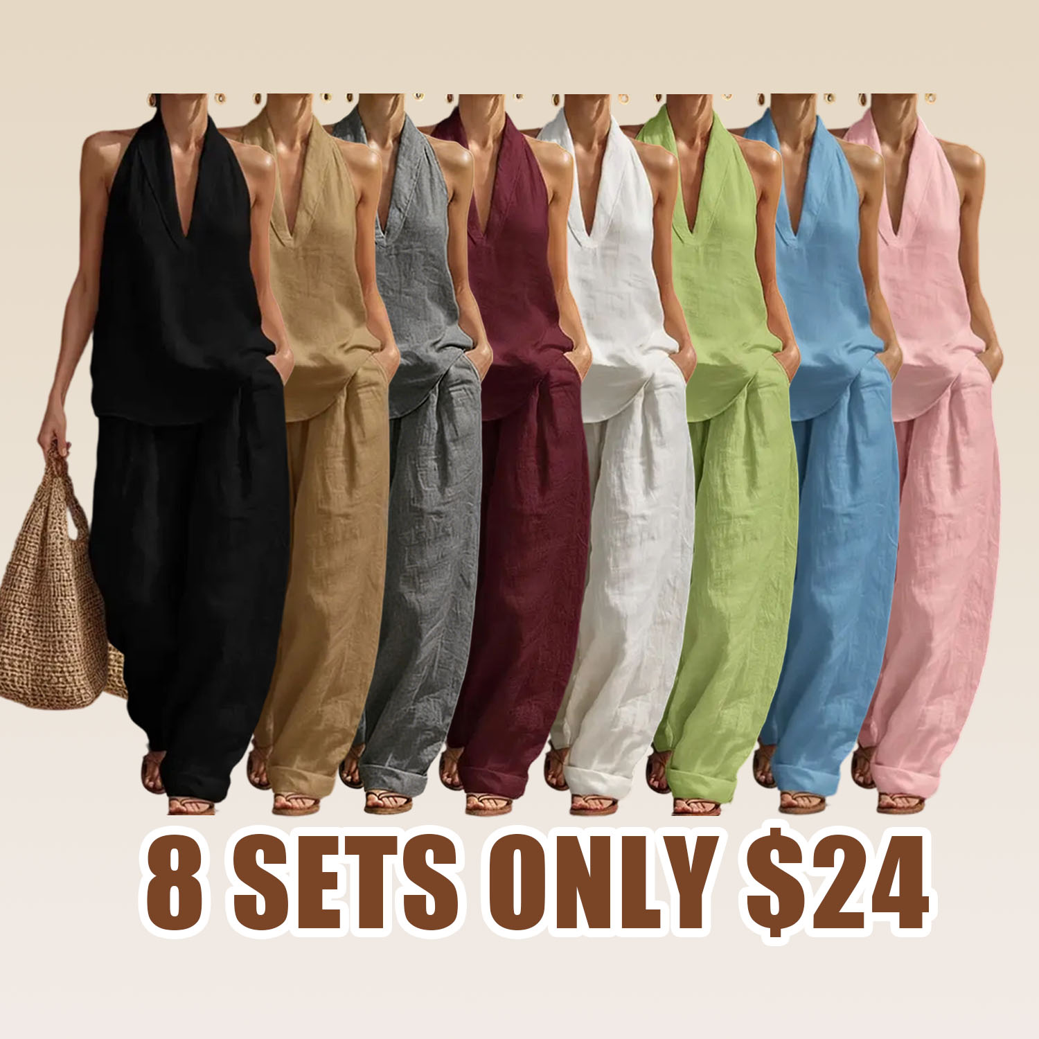 Boho Linen Two Piece Set - Perfect for Beach, Vacation & Brunch! Halter Neck Sleeveless Top Wide Leg Pants Set