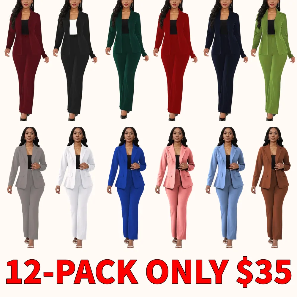 Two-piece women's solid color button-down lapel suit jacket and suit pants