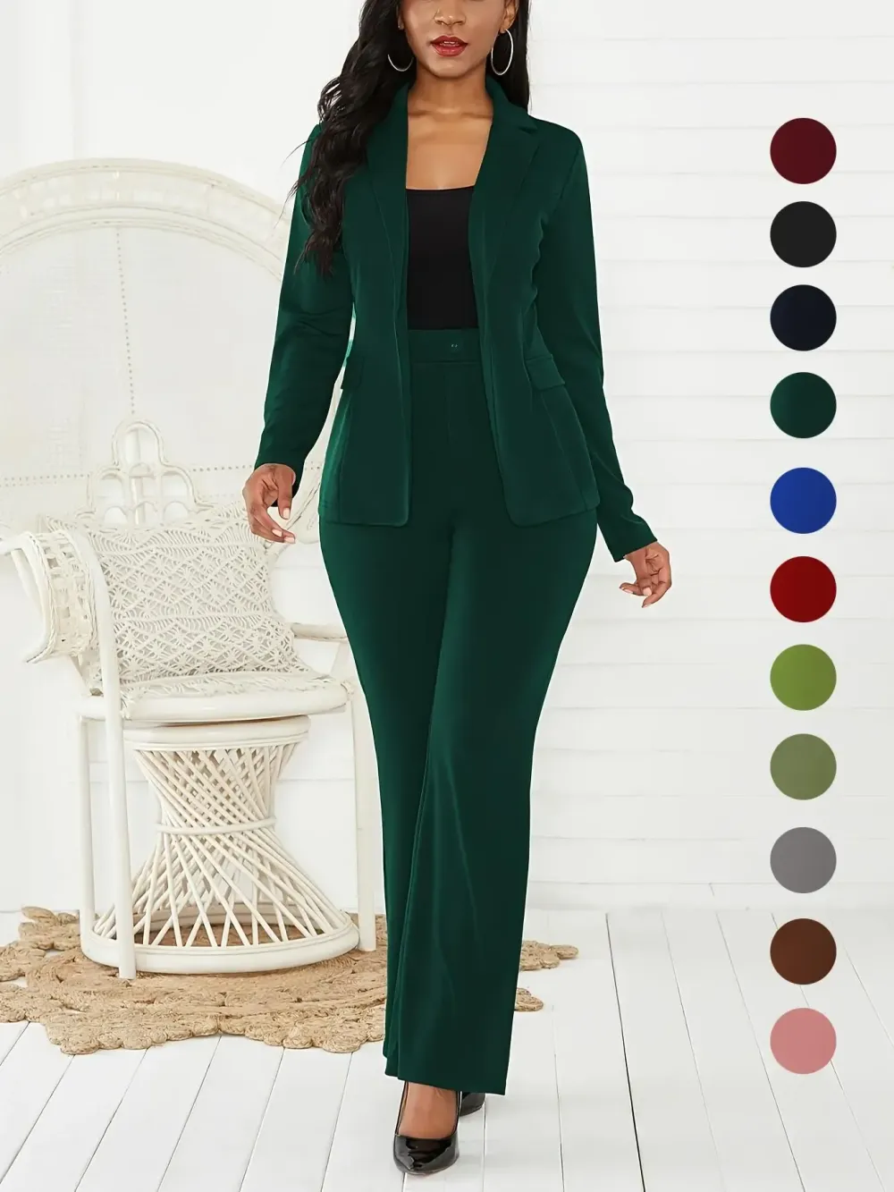 Women's Two-Piece Set Plain Button Lapel Blazer & Suit Pants, Elegant Business Casual Long Sleeve Outerwear