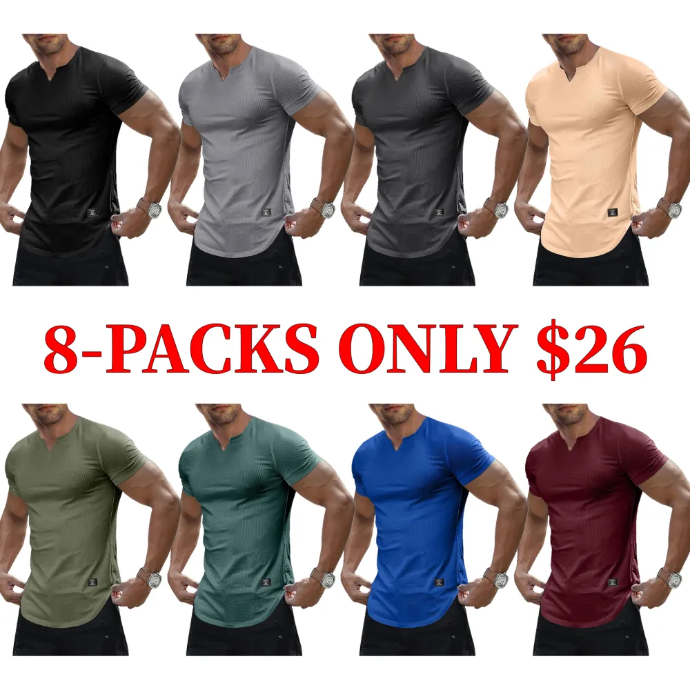Men's solid color slim-fit V-neck long-sleeved T-shirt, made of polyester fabric, suitable for fitness and sports wear.