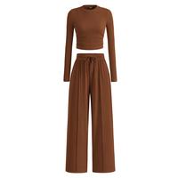 2-Piece Ribbed Knit Long Sleeve Crop Top Wide Leg Pants Matching Lounge Set Loungewear