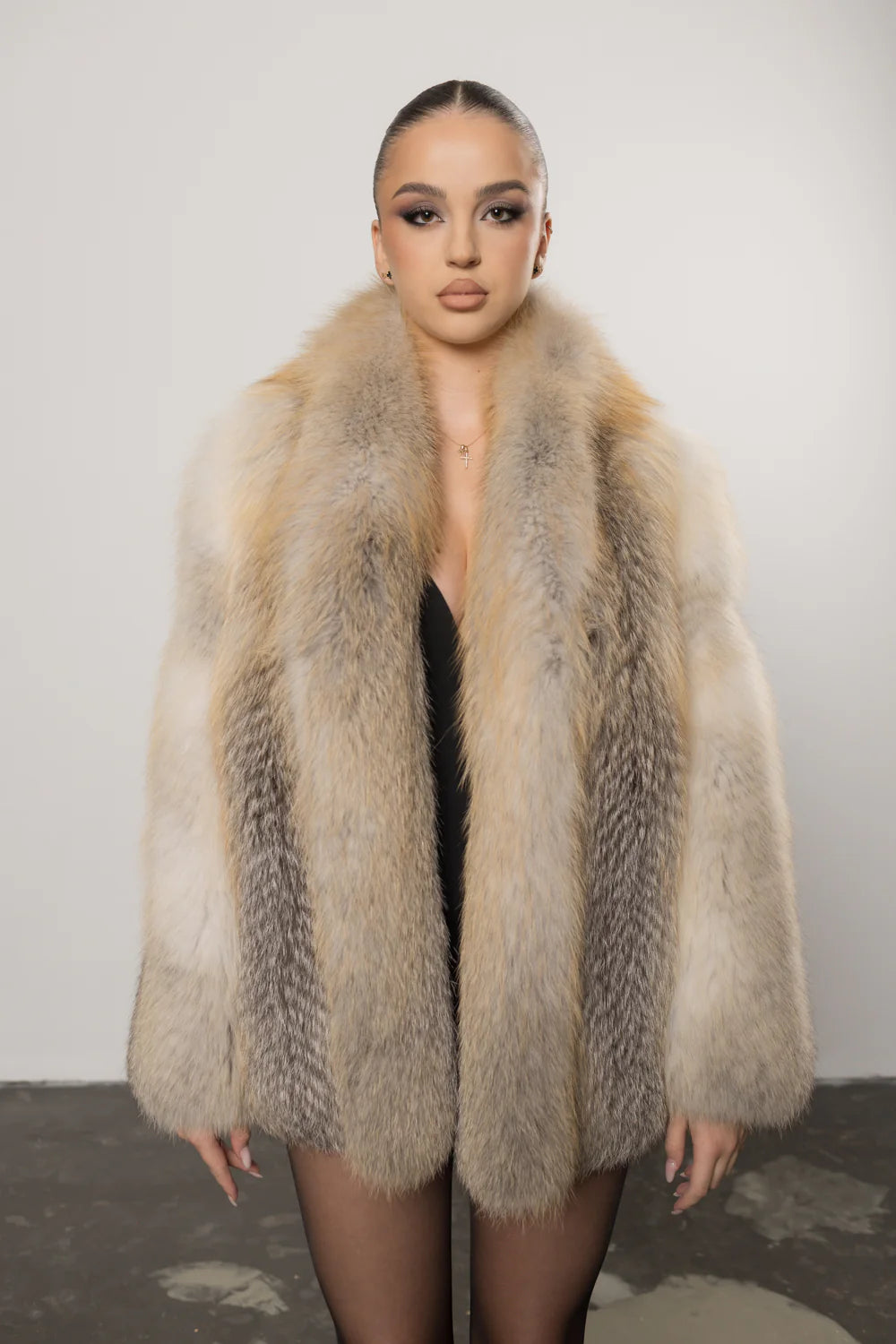 Haină din Blană Naturală de Vulpe, cu Guler Rever Șal, Femei, Golden Fox 436