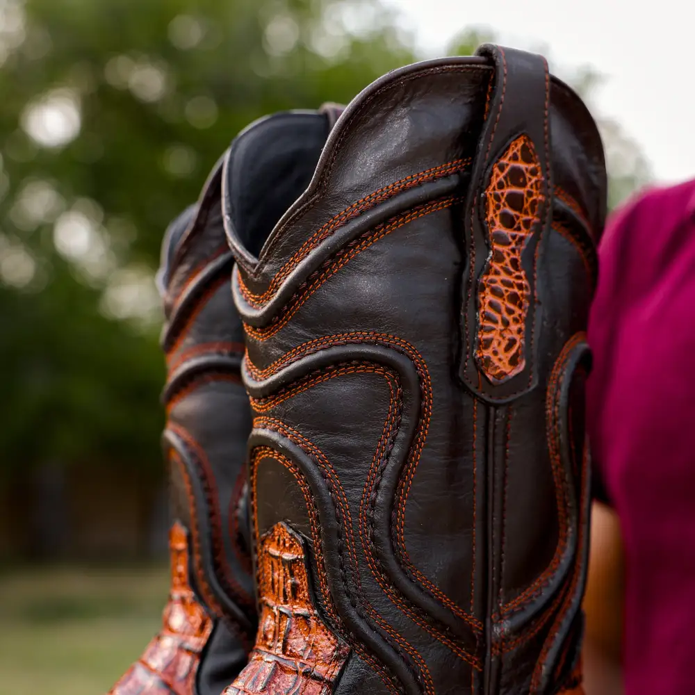 Cognac Caiman Neck Leather Boots - Square Toe