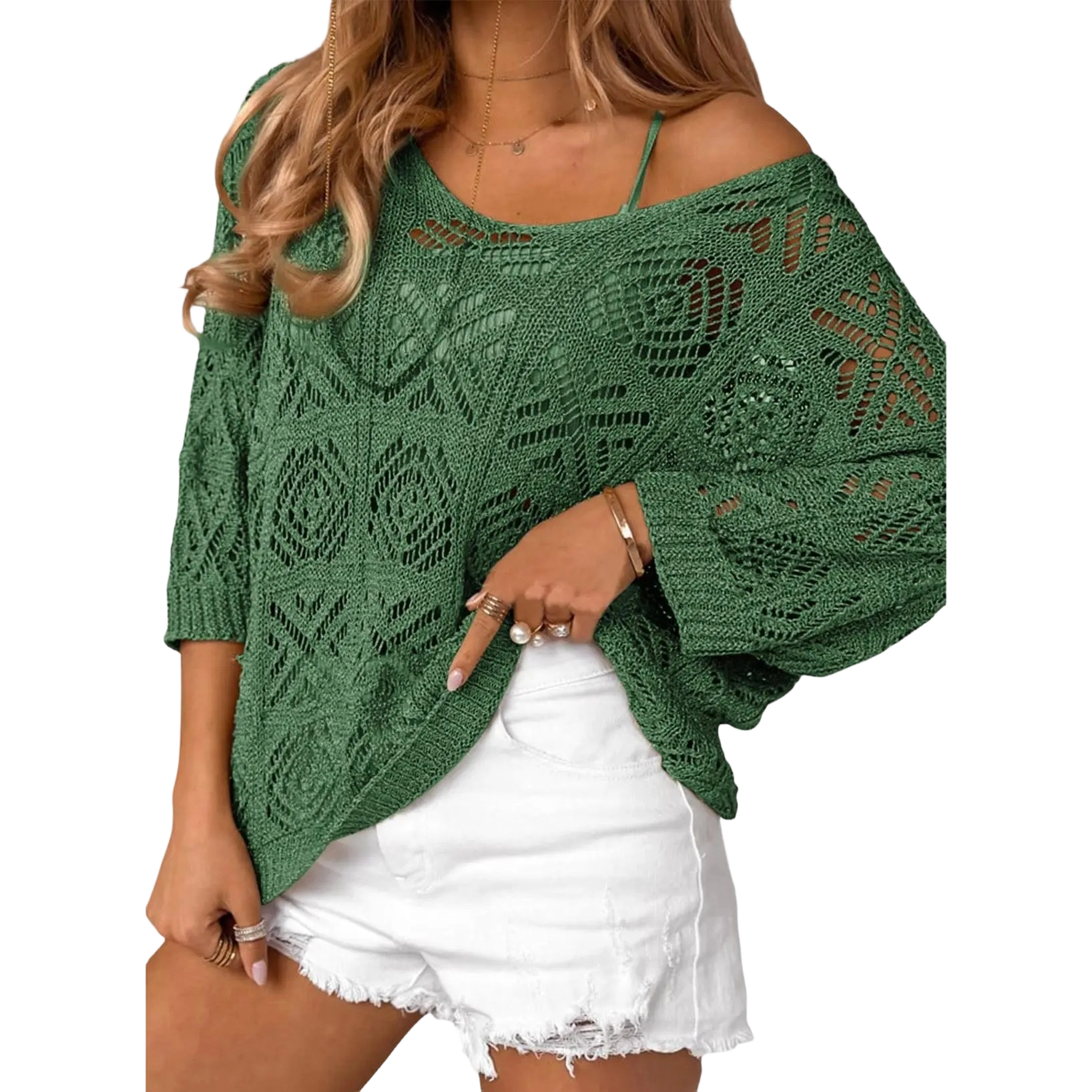 ✨ Women’s Crochet Hollow-Out Off-Shoulder Top – Lightweight 3/4 Sleeve Summer Sweater
