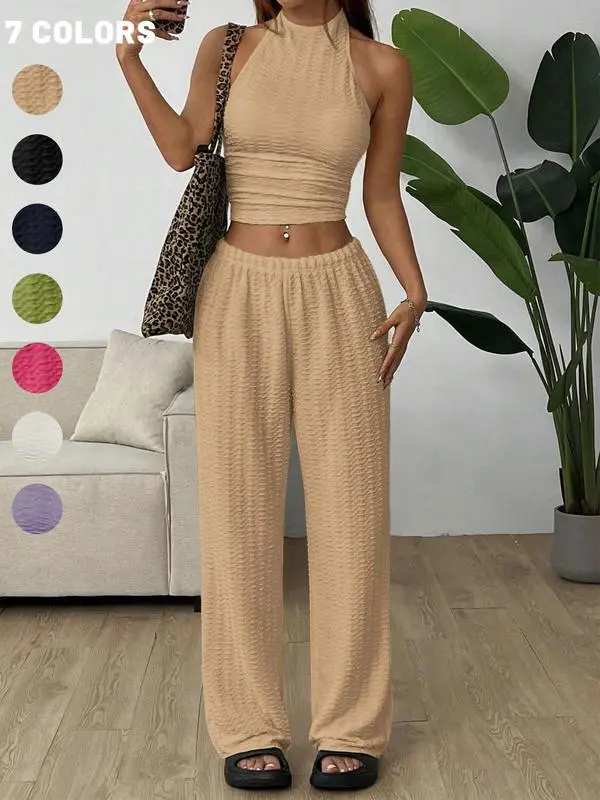 Women's Solid Crop Halter Neck Top & Wide Leg Pants Set