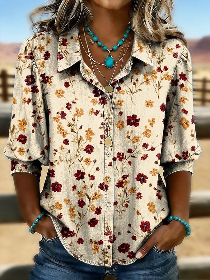 Retro Print Casual Puff Sleeve Shirt