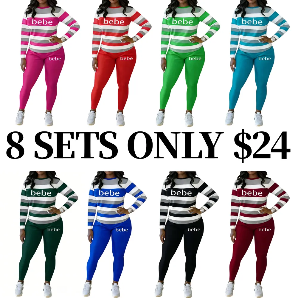 Women's Striped Bebe Letter Print Sets