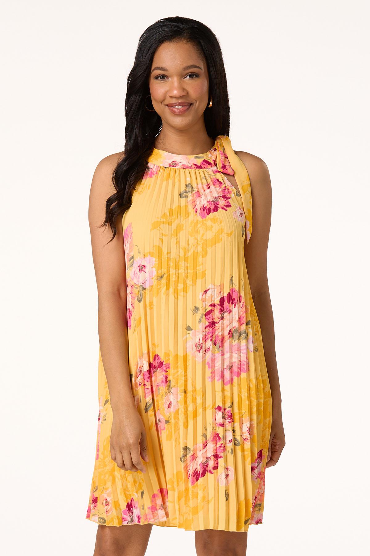 Pleated Floral Tie Neck Dress