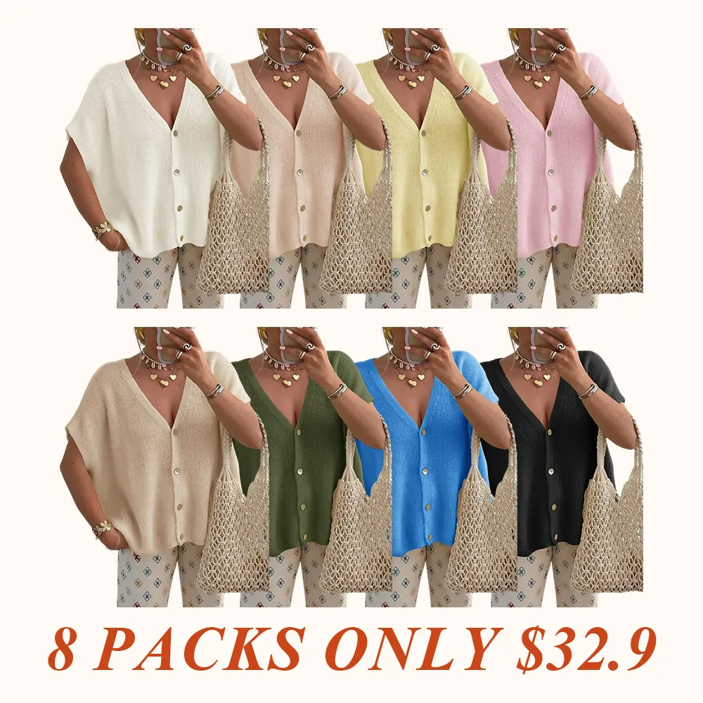 Womens Fall Oversized Cardigans Batwing Short Sleeve Lightweight Button V Neck Casual Knit Sweater Tops