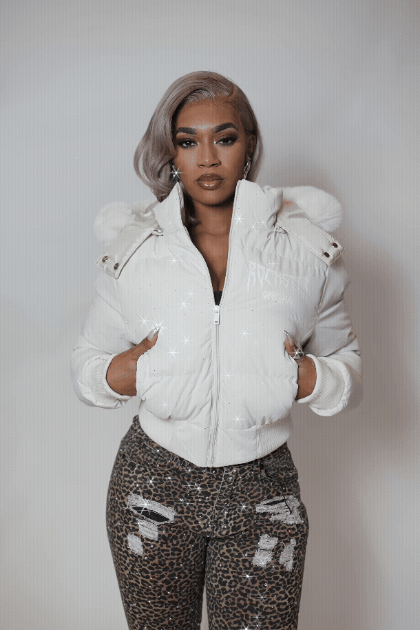 Gabrielle Beige Rhinestone Puffer Jacket With Fur Hood