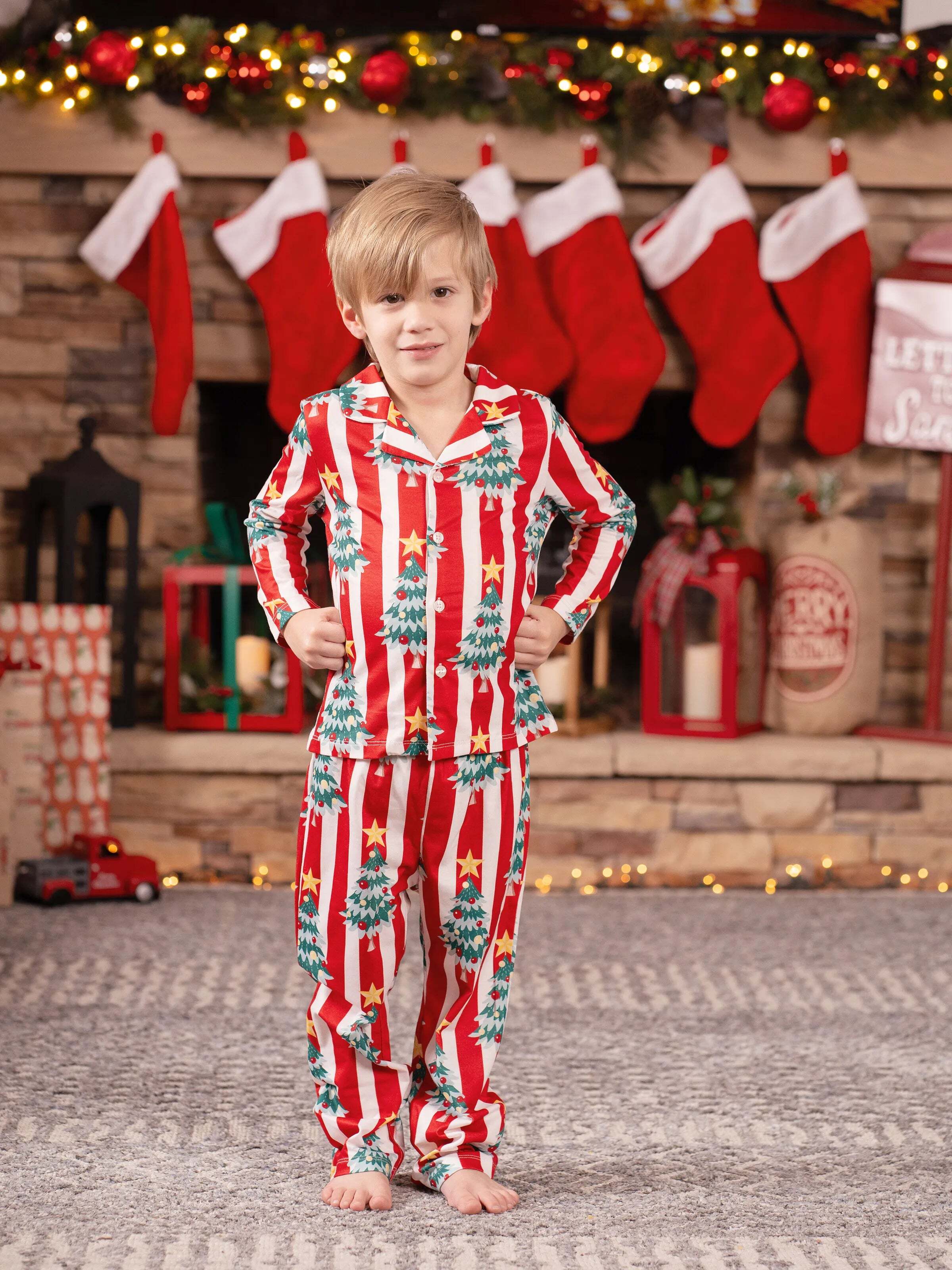 Christmas Family Matching Trees Print Stripes Long-sleeve Pajamas Sets with Christmas Socks Red