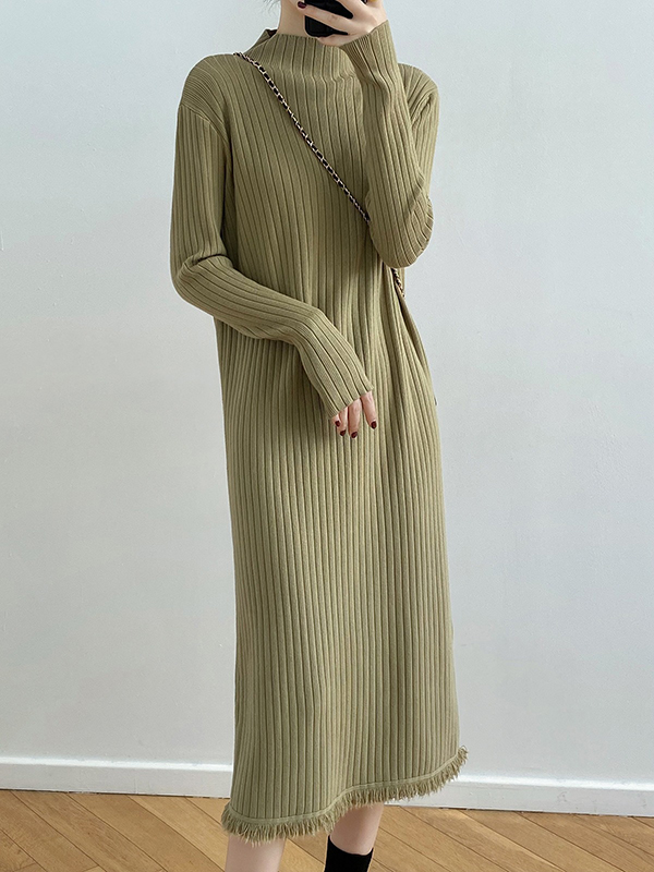 Fringed Solid Color Long Sleeves Loose Mock Neck Sweater Dresses Midi Dresses