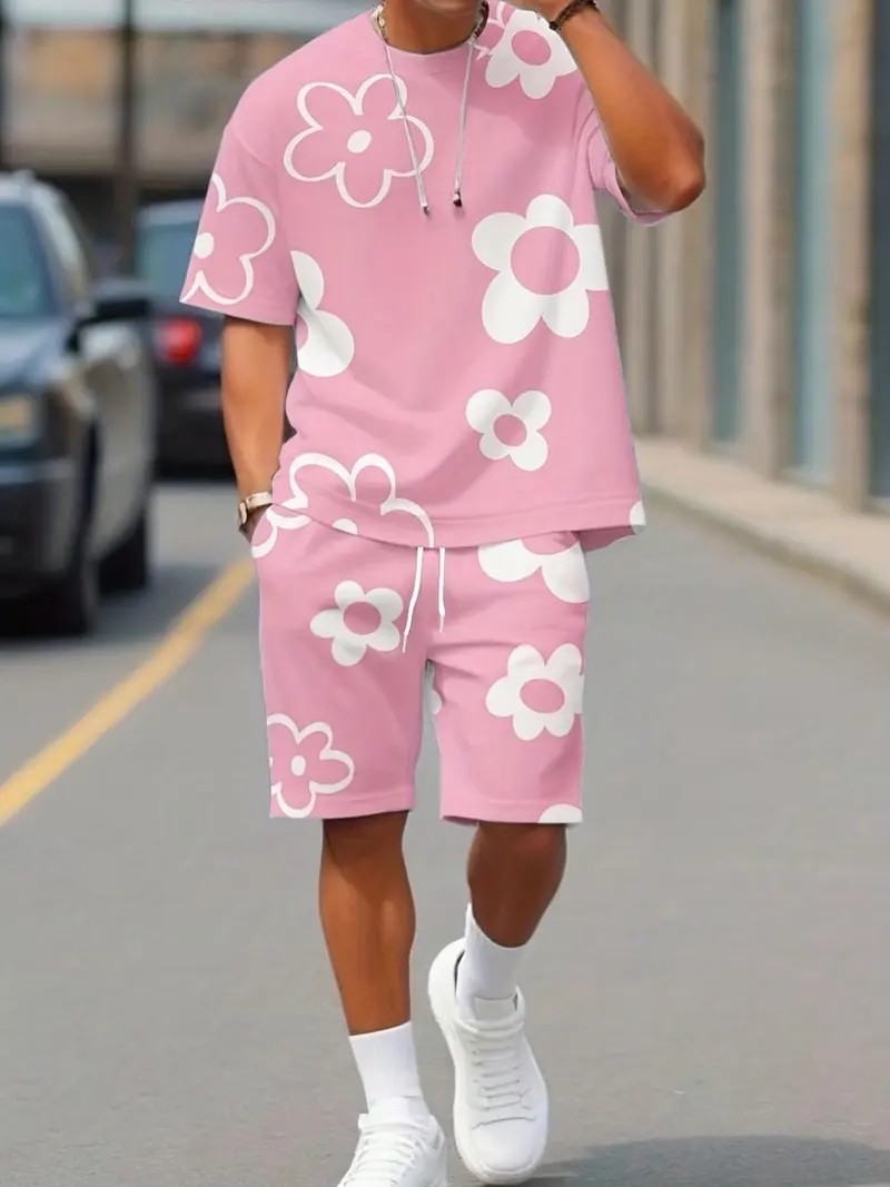 Men’s 3D Printed Fitted Short Sleeve & Shorts Summer Set