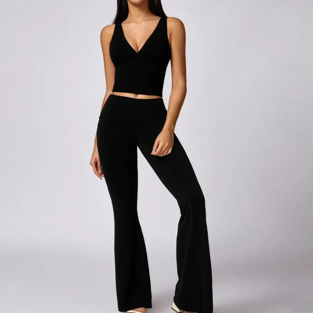 Women's 2-Piece Deep V Neck U-Back Tank & High-Waist Flared Leggings Set