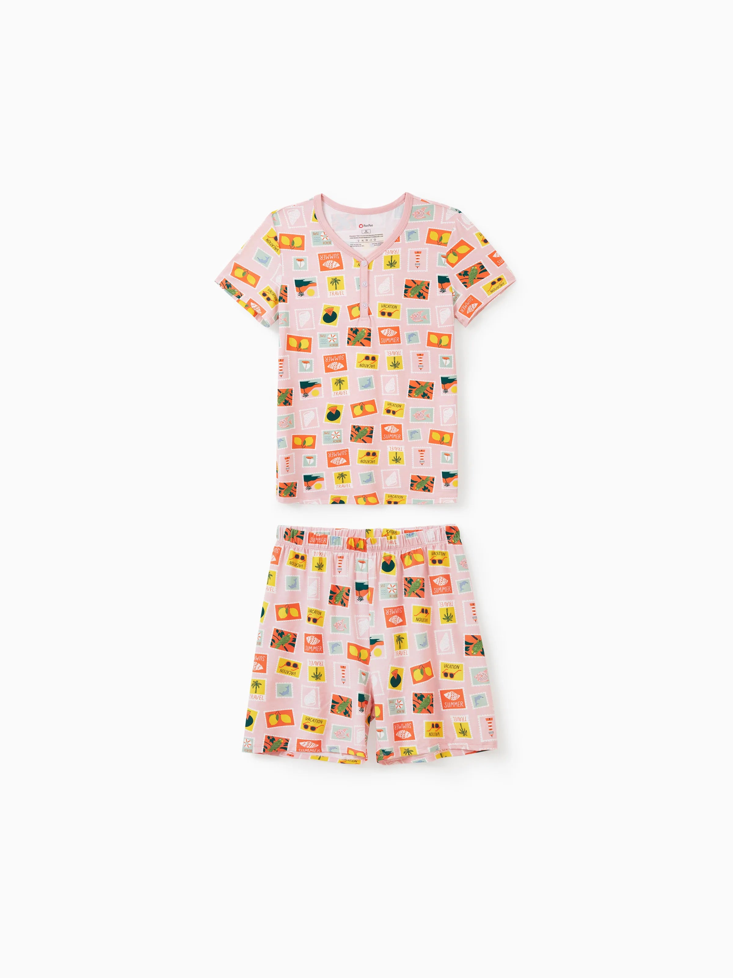 Bamboo Family Pajamas Vacation Theme Print Short-sleeve Matching Pajama set (Snug-Fitting for Children) Color block