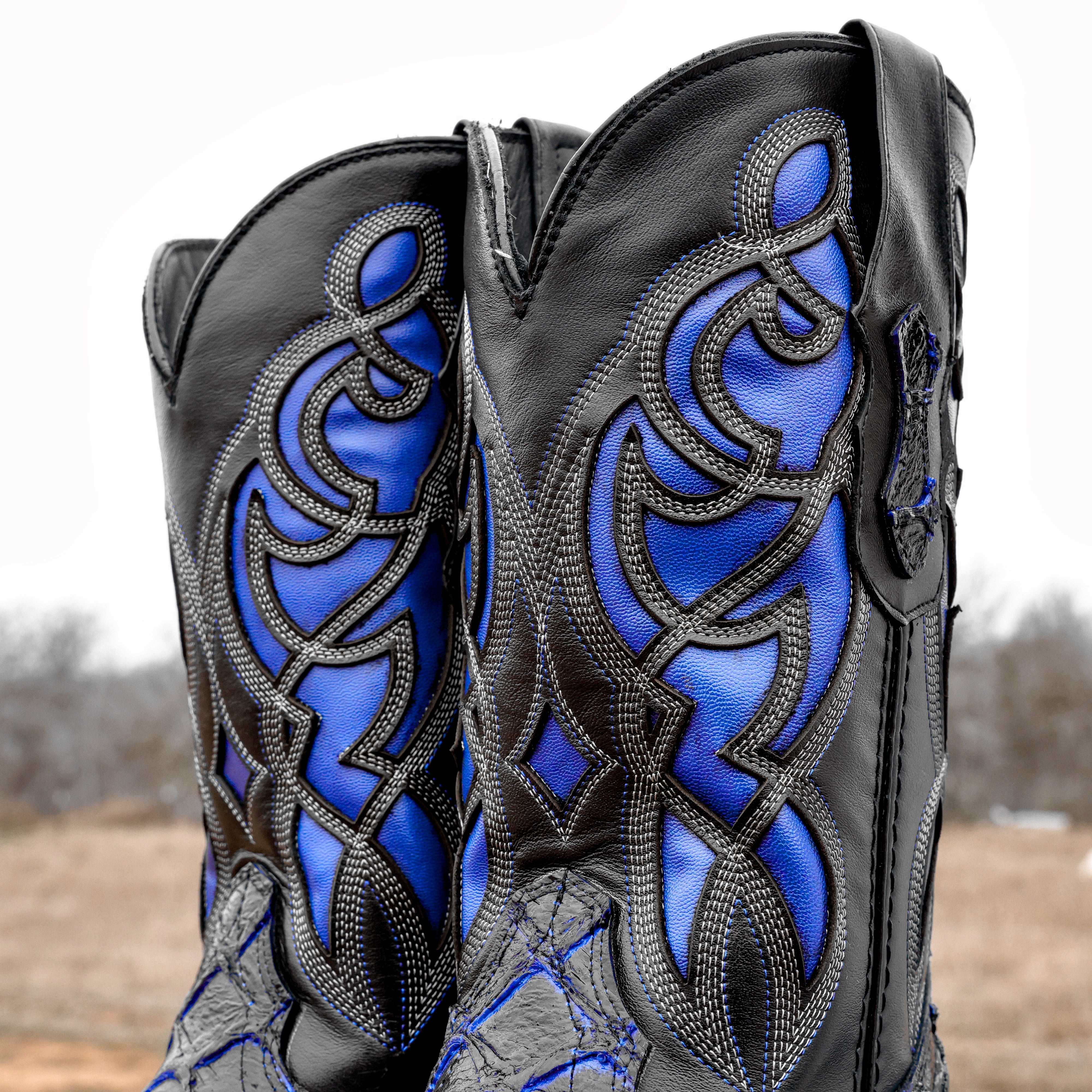 Black/Blue Pirarucu Leather Boots - Square Toe
