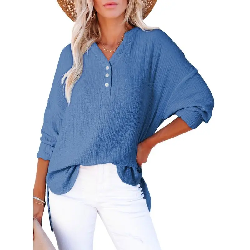 Women's Casual Button V Neck Long Sleeve Shirts Oversized Solid Blouses Tops