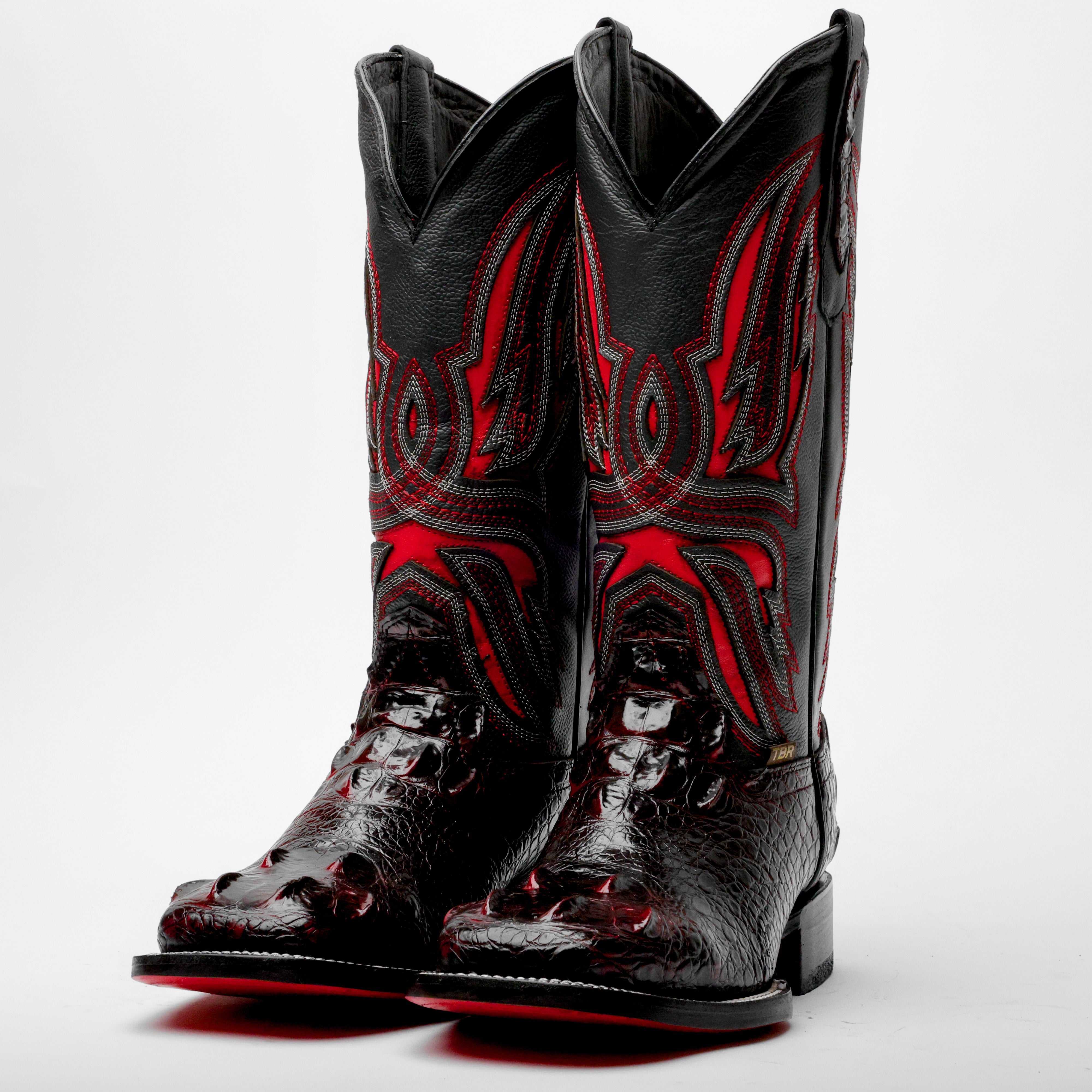 Black Cherry Giant Caiman Neck Leather Boots - Square Toe