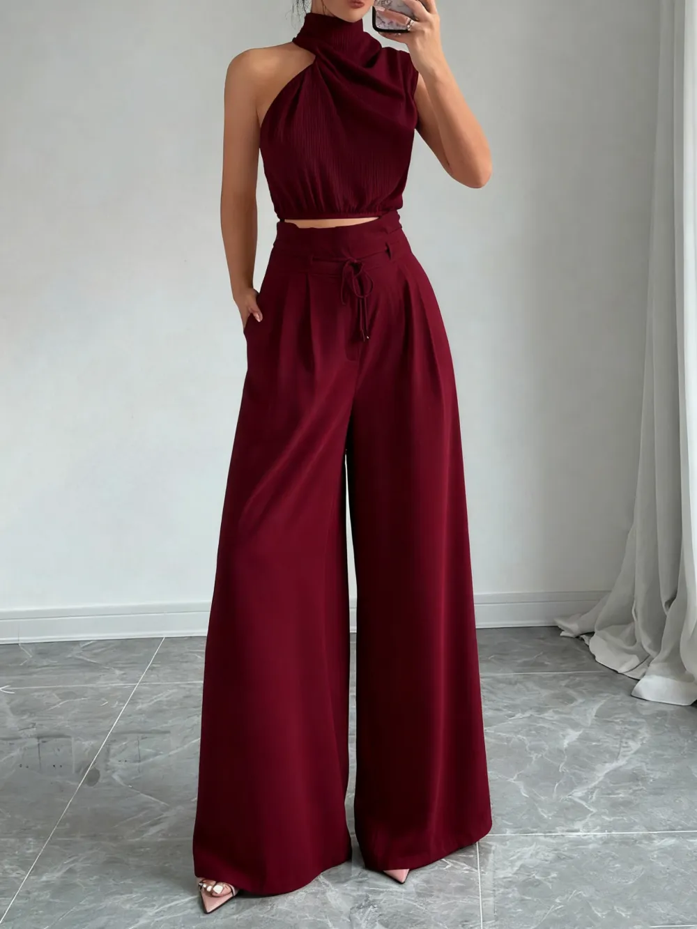 Women's Solid Color Crop Tank Top & Wide Leg Pants Two-piece Set