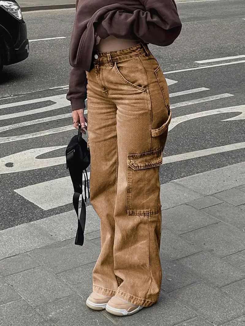 Women's High Waist Cargo Jeans with 6 Pockets, Wide Leg Baggy Denim Pants for Casual Street Style