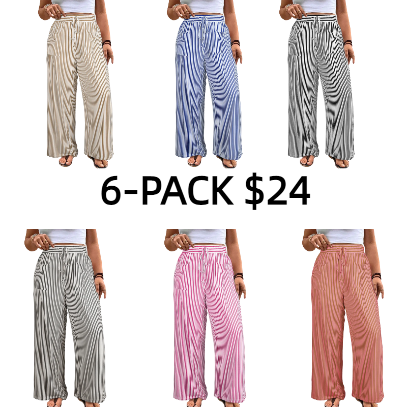 Womens Plus Size Wide Leg Pants Elastic High Waist Striped Casual Palazzo Pants Lounge Trouser with Pockets (1X-5X)