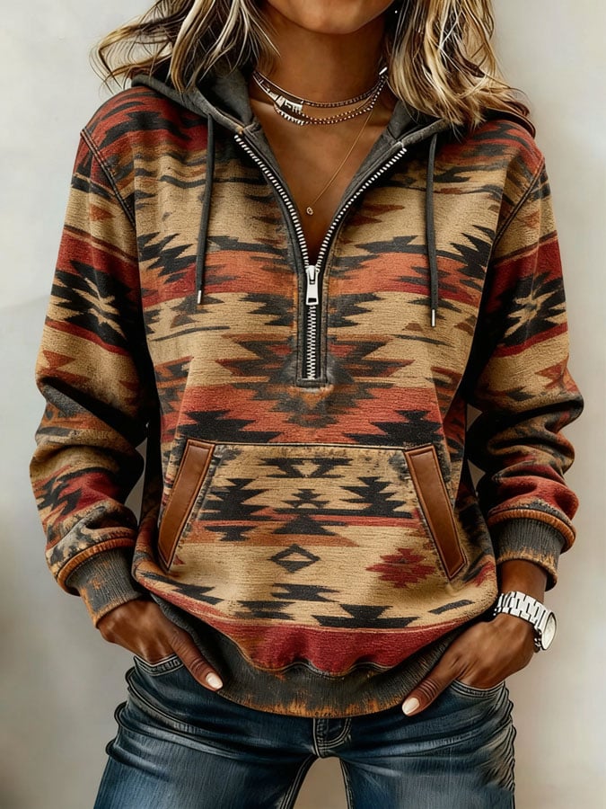 Women's Casual Retro Western Print Zip-Up Sweatshirt