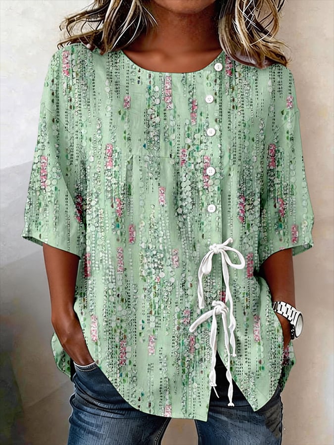 Women's Retro Floral Button Lace Up Tie Shirt- Fast Shipping