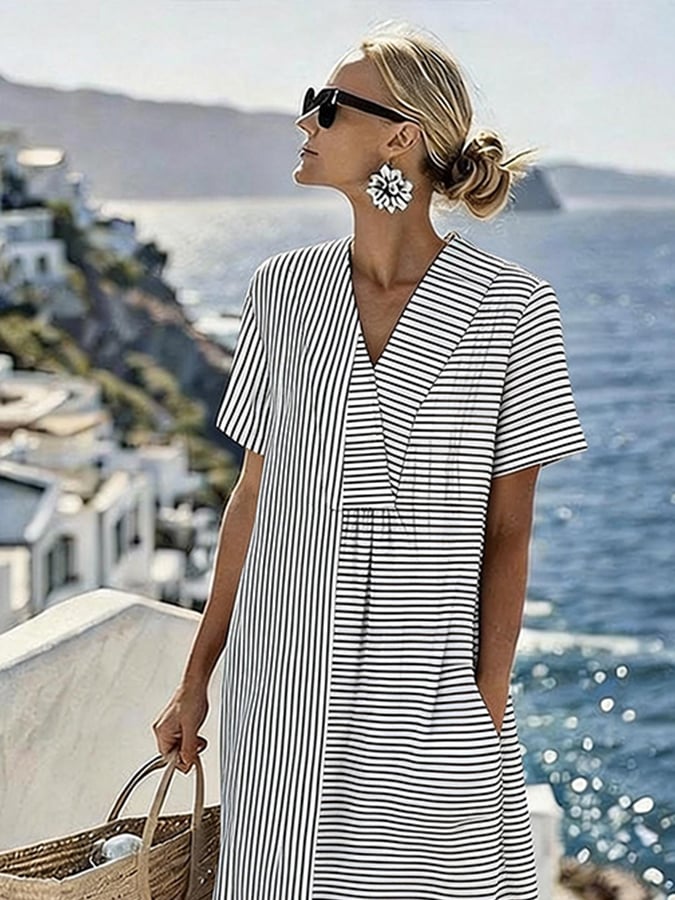 Women's Casual V-Neck Striped Loose Dress- Fast Shipping