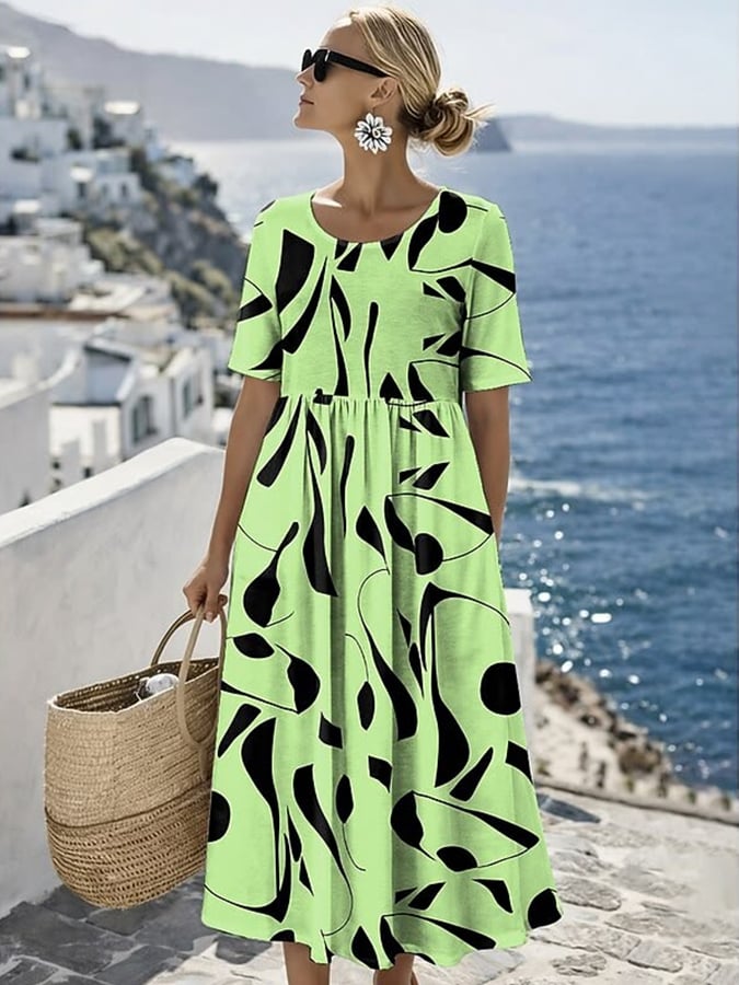 Women's Casual Round Neck Half Sleeve Striped Contrast Print Dress- Fast Shipping