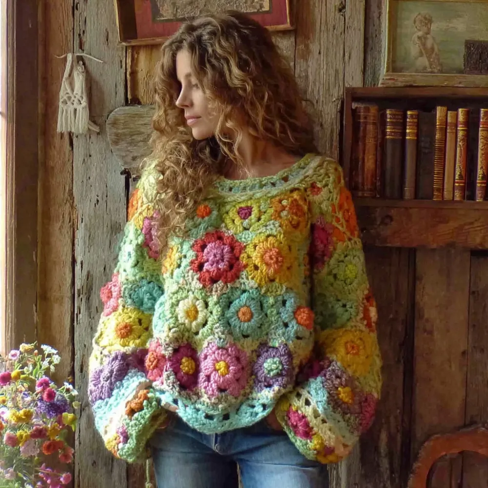 Women's Bohemian Chunky Knit Crochet Floral Colorful Sweater