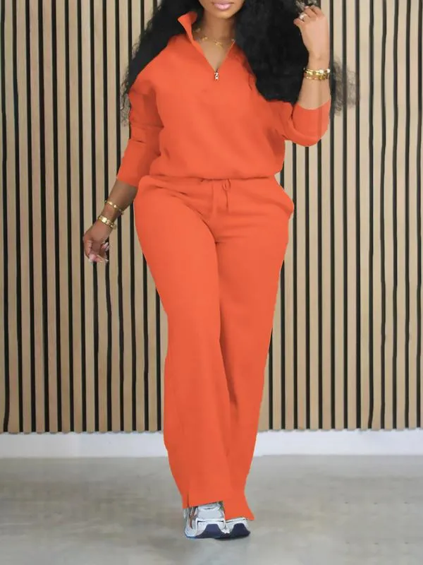 Women's Solid Half Placket Split Hem Pants Set