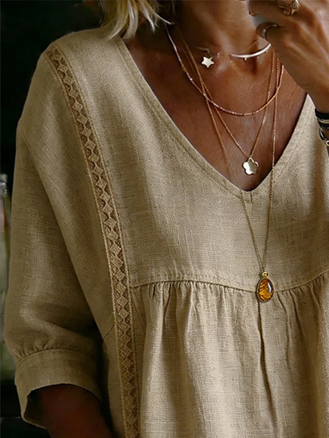 Women'S Color-Blocked Round Neck Lace-Trimmed Short-Sleeved Top