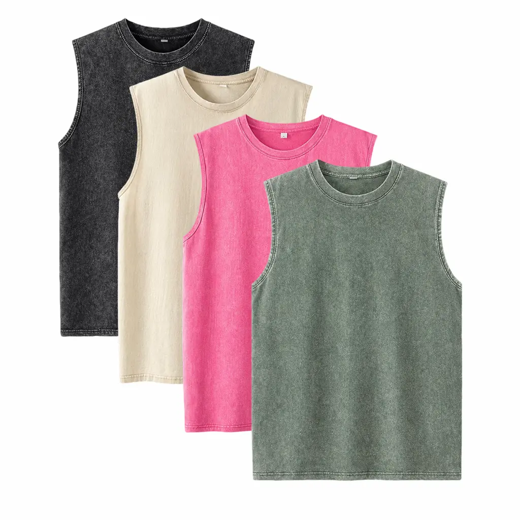 Unisex Cotton Workout Tank Tops Sleeveless Acid Wash Tshirts