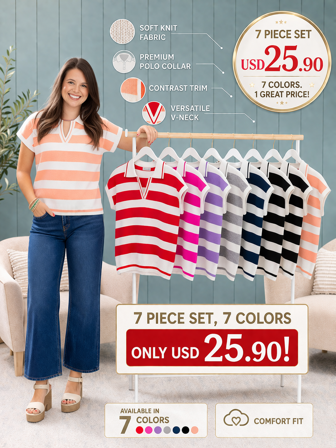 [Massive Deal] 7-Pack Women's Striped Collared Short Sleeve Sweaters (Value Set)