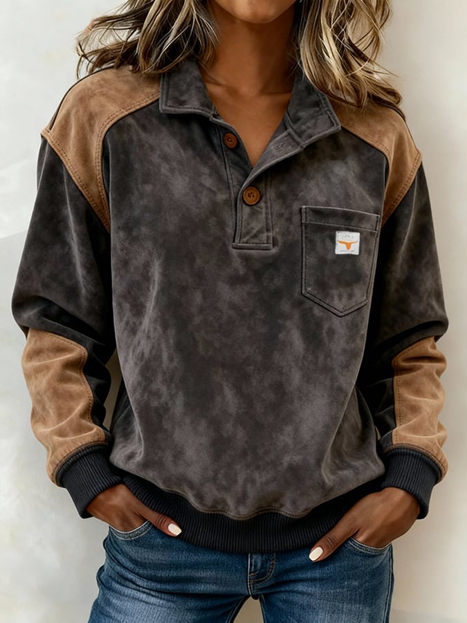 Women'S Casual Loose Color-Blocked Sweatshirt