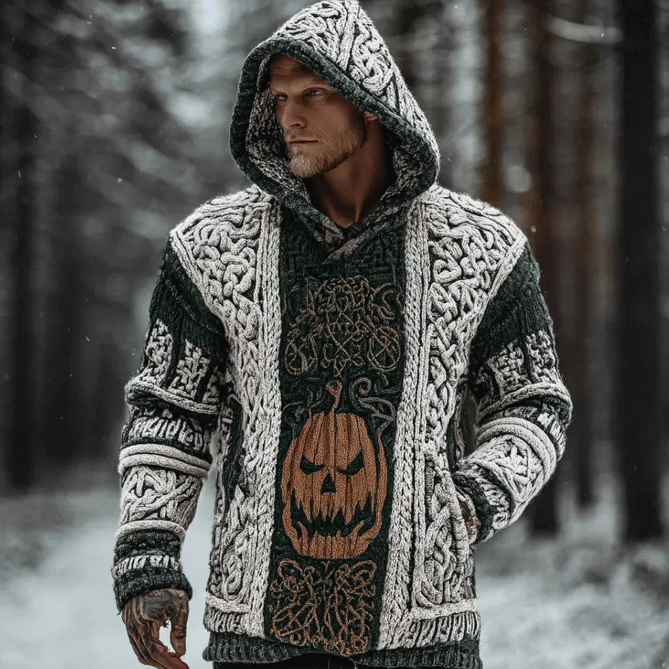 Viking Style Winter Men's Warm Hooded Knit Sweater