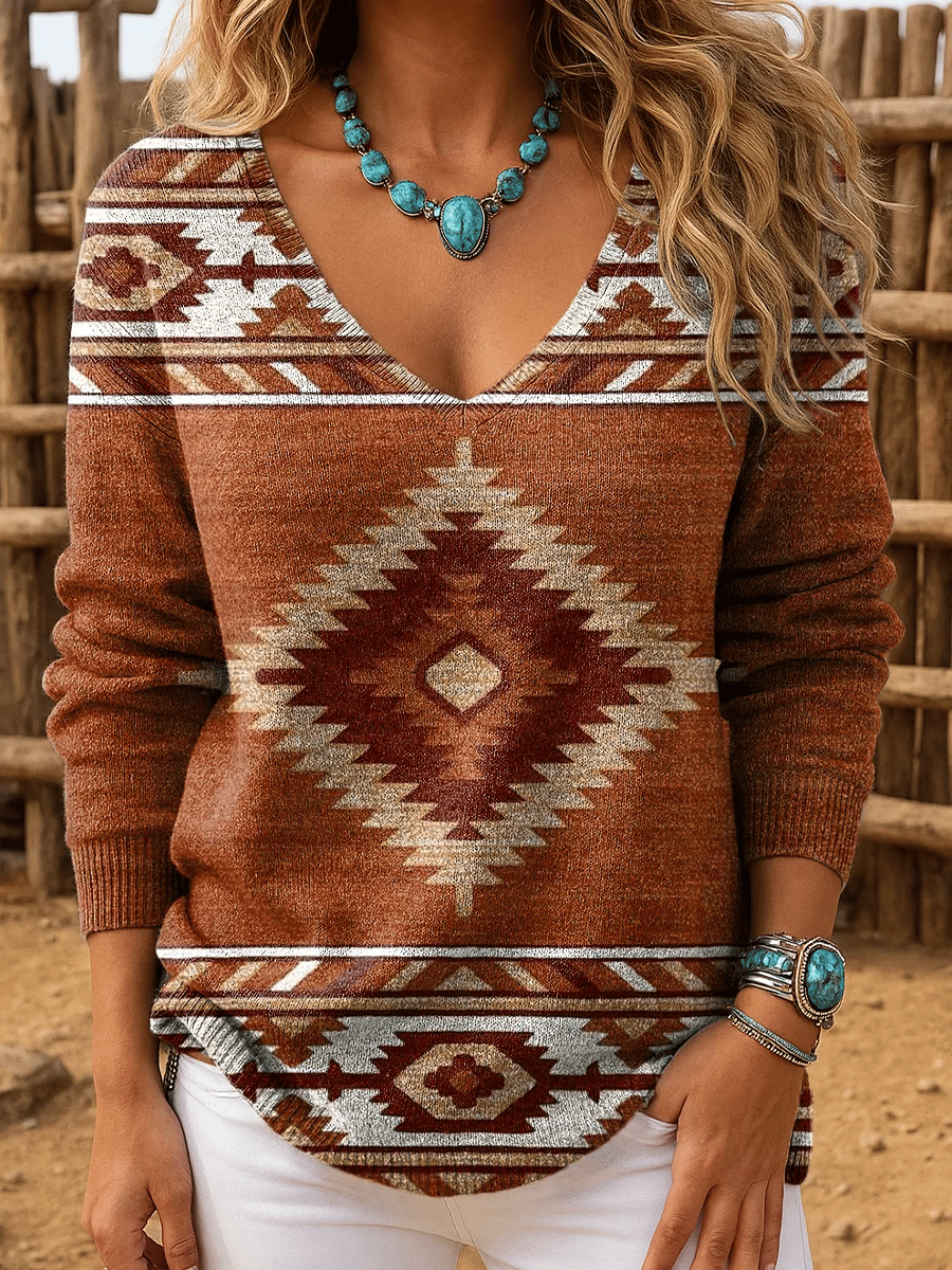 Women's Western Retro Pattern Print Long Sleeve Top
