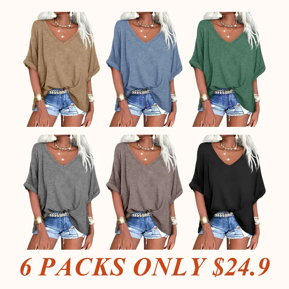 Women's Oversized T Shirts V Neck Short Sleeve Summer Casual Loose Tops Tees Tshirt Elastic Basic Womenswear