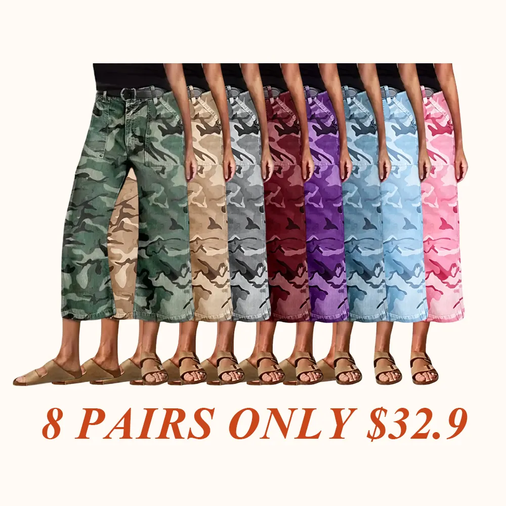 Camo Print Mid Waist Straight Leg Capri Pants Without Belt